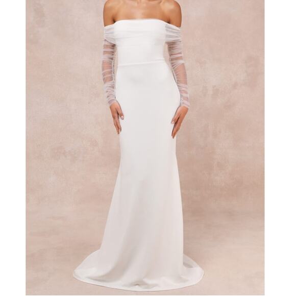 Lulus Bridal NWT Beautifully Beloved White Mesh Off-the-Shoulder Gown Maxi Dress - Picture 1 of 10